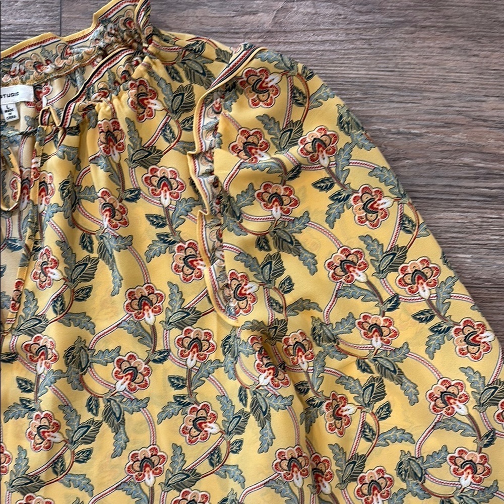 Max Studio Women's Size Large Floral Tiered Ruffle Hem Long Sleeve Dress Yellow - Picture 4 of 10